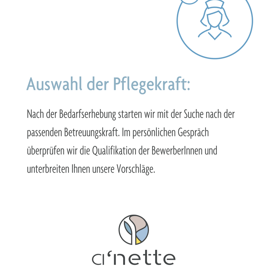 Following the assessment of needs, we begin the search for a suitable care provider. During a personal conversation, we verify the qualifications of the applicants and discuss our proposals with you.