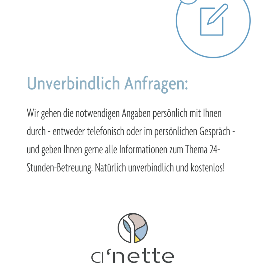 A blue circular icon with a checkmark inside it. Below it is a text saying, 'Unverbindlich Anfragen:'. Under that is a longer text in German about necessary information and 24-hour care. At the bottom is the logo of 'a'nette.'