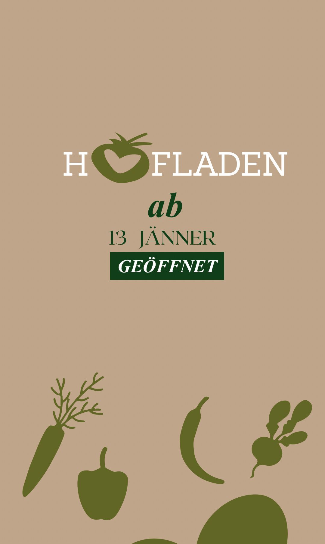 Werbeplakat für Hofladen, ab dem 13. Januar geöffnet. Das Design zeigt eine Tomate mit Herz und grünen Blättern.