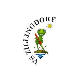 Ein Frosch hält einen Stift auf einer kleinen Insel mit einer Sonne darüber, umgeben vom Text 'ZILLINGDORF SA'.