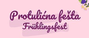 Plakat für das Frühlingsfest mit rosa Hintergrund. Es beinhaltet Essen und Trinken, Kaffee und Kochen sowie ein Kinderprogramm. Das Datum ist der 8. Juni 2025 um 15:00 Uhr im Park Veliki Borištof und im Park Großwarasdorf.