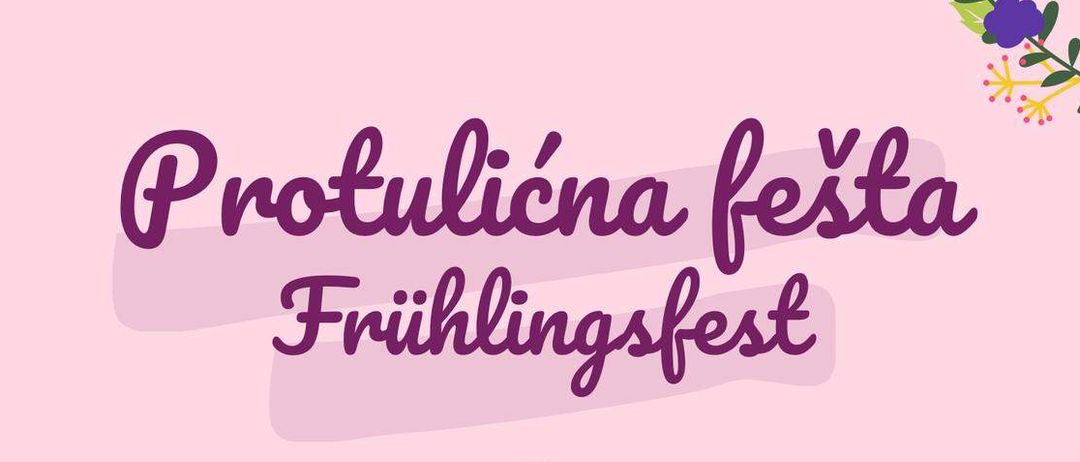 Plakat für das Frühlingsfest mit rosa Hintergrund. Es beinhaltet Essen und Trinken, Kaffee und Kochen sowie ein Kinderprogramm. Das Datum ist der 8. Juni 2025 um 15:00 Uhr im Park Veliki Borištof und im Park Großwarasdorf.