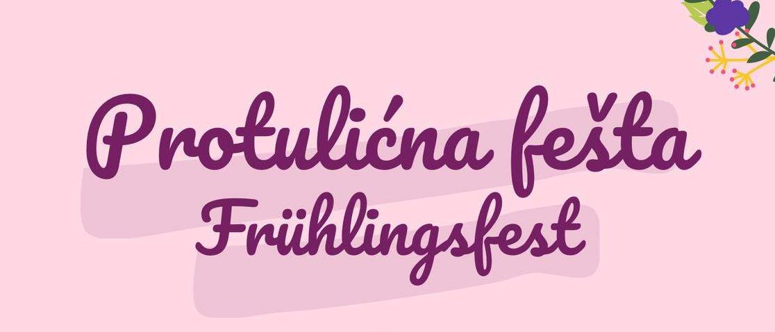 Plakat für das Frühlingsfest mit rosa Hintergrund. Es beinhaltet Essen und Trinken, Kaffee und Kochen sowie ein Kinderprogramm. Das Datum ist der 8. Juni 2025 um 15:00 Uhr im Park Veliki Borištof und im Park Großwarasdorf.