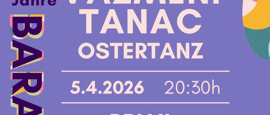 Jubiläumsposter für 25 Jahre Vazmeni Tanac Ostertanz, geplant für den 5. April 2026 um 20:30 Uhr. Mit Künstlern Bruji, Kacavida und Masne Daske.