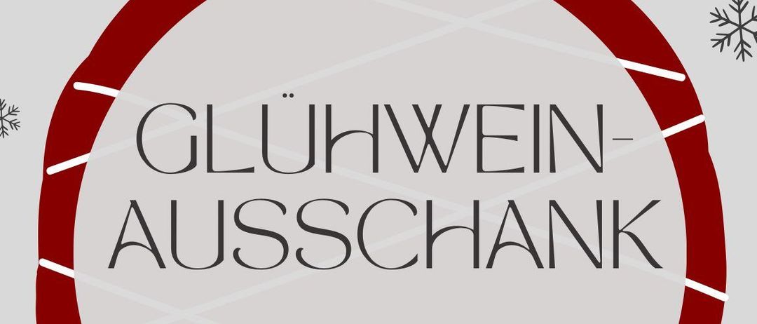 Plakat für eine Dezember-Veranstaltung mit einer Weihnachtsbaumdekoration, die 'Glühwein Ausschank Kuhno Vino' zeigt und von Schneeflocken umgeben ist.