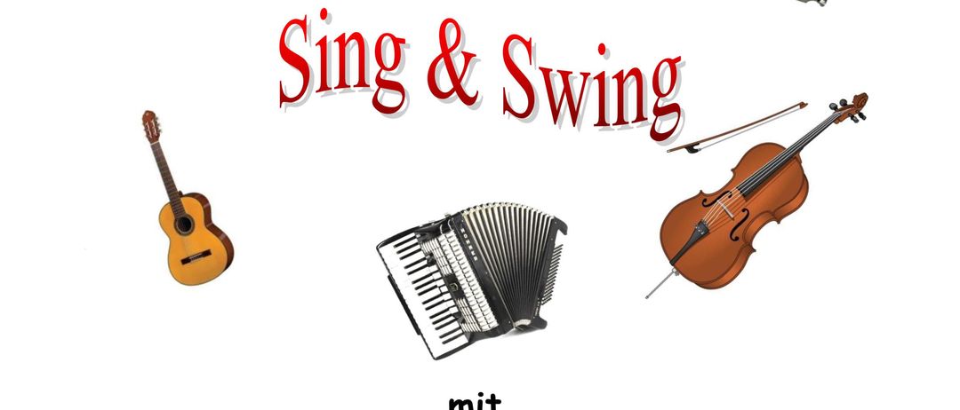 Plakat für eine Musikveranstaltung mit dem Titel 'Sing & Swing', das verschiedene Musikinstrumente und das Datum 14. September 2026 zeigt.
