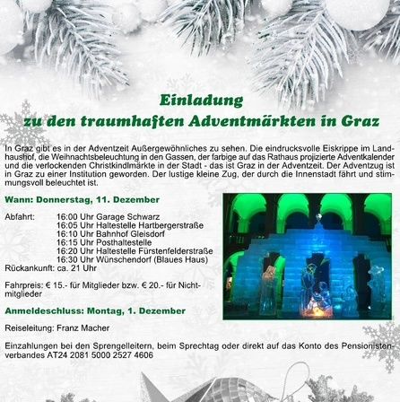 Plakat für eine festliche Veranstaltung in Graz, Österreich. Es zeigt eine Winterszene mit Schneeflocken und Weihnachtsdekorationen. Die Veranstaltung bietet geführte Touren durch die beleuchteten Adventmärkte der Stadt, die an verschiedenen Orten starten. Das Plakat enthält Datum, Uhrzeit und Preisinformationen. Es wird vom Pensionistenverband Steiermark organisiert.