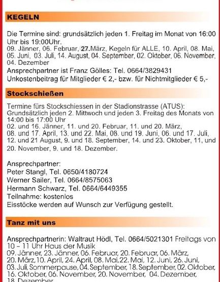 Das Dokument listet Bowling- und Bogenschießtermine in einer Sporteinrichtung auf. Bowling ist jeden Freitag von 16:00 bis 19:00 Uhr verfügbar. Bogenschießtermine finden mittwochs und freitags statt. Der Kontaktperson für Bowling ist Franz, während Bogenschießen von Peter, Werner und Hermann verwaltet wird.