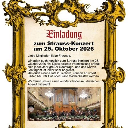 Ein goldener verzierter Rahmen zeigt eine Einladung zu einem Strauss-Konzert am 25. Oktober 2026. Der Text ist auf Deutsch. Unter dem Text ist ein Bild einer Konzerthalle mit einer Orgel.