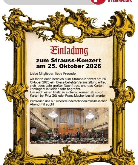 Ein goldener verzierter Rahmen zeigt eine Einladung zu einem Strauss-Konzert am 25. Oktober 2026. Der Text ist auf Deutsch. Unter dem Text ist ein Bild einer Konzerthalle mit einer Orgel.