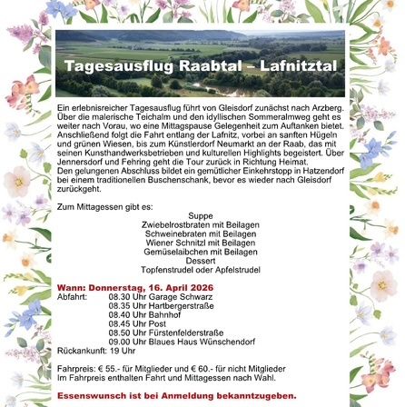 Ein erlebrisreicher Tagesausflug führt von Gleisdorf zunächst nach Arzberg. Über die malerische Teichalm und den idyllischen Sommeralmweg geht es weiter nach Vorau, wo eine Mittagspause die Gelegenheit zum Auftanken bietet. Anschließend folgt die Fahrt entlang der Lafnitz, vorbei an sanften Hügeln und grünen Wiesen, bis zum Kunstlerdorf Neumarkt an der Raab, das mit seinen Kunsthandwerksbetrieben und kulturellen Highlights besticht. Über Jennersdorf und Fährung geht die Tour zurück in Richtung Heimat. Den gelungenen Abschluss bildet ein gemütlicher Einkehrstopp in Hatzendorf bei einem traditionellen Buschenschank, bevor es wieder nach Gleisdorf zurückgeht.