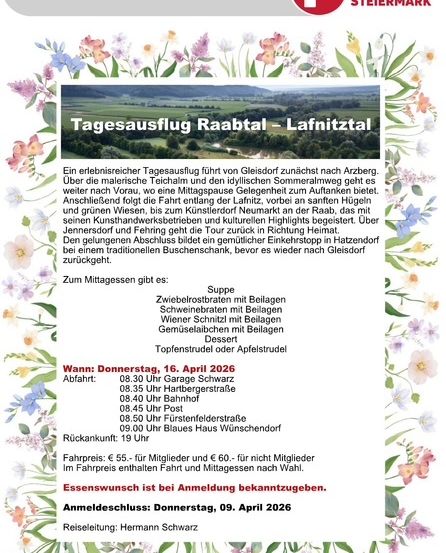 Ein erlebrisreicher Tagesausflug führt von Gleisdorf zunächst nach Arzberg. Über die malerische Teichalm und den idyllischen Sommeralmweg geht es weiter nach Vorau, wo eine Mittagspause die Gelegenheit zum Auftanken bietet. Anschließend folgt die Fahrt entlang der Lafnitz, vorbei an sanften Hügeln und grünen Wiesen, bis zum Kunstlerdorf Neumarkt an der Raab, das mit seinen Kunsthandwerksbetrieben und kulturellen Highlights besticht. Über Jennersdorf und Fährung geht die Tour zurück in Richtung Heimat. Den gelungenen Abschluss bildet ein gemütlicher Einkehrstopp in Hatzendorf bei einem traditionellen Buschenschank, bevor es wieder nach Gleisdorf zurückgeht.