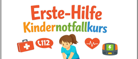 Plakat für einen Erste-Hilfe-Kurs für Kinder, geplant für Samstag, 14. November 2026, von 08:00 bis 16:30 im Gemeindehaus Eisenberg. Anmeldung über Website-Link oder QR-Code. Anmeldeschluss ist der 8. November 2026.