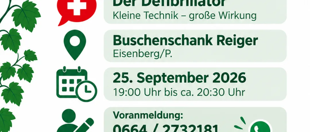 Eine Werbung für eine regionale Veranstaltung mit dem Titel 'Erste Hilfe on Tour'. Es zeigt einen Defibrillator, ein Weinglas und ein Kartensymbol. Die Veranstaltung ist für den 25. September 2026 von 19:00 Uhr bis ca. 20:30 Uhr geplant. Kontaktinformationen werden für die Anmeldung per SMS oder WhatsApp bereitgestellt.