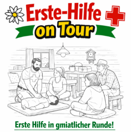 Illustration einer Erste-Hilfe-Schulung, bei der ein Mann eine Person auf einer Matte wiederbelebt, während andere zuschauen. Die Szene spielt in einem gemütlichen Raum mit einer Uhr und einer Blume im Hintergrund.