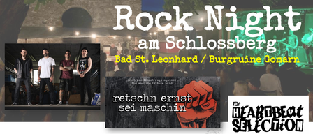 Ein Open-Air-Rockkonzert auf dem Schlossberg mit 'Retschn Ernst Sei Maschine', einer Menschenmenge und einem geballten Faustbild.