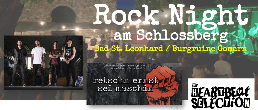 Ein Open-Air-Rockkonzert auf dem Schlossberg mit 'Retschn Ernst Sei Maschine', einer Menschenmenge und einem geballten Faustbild.