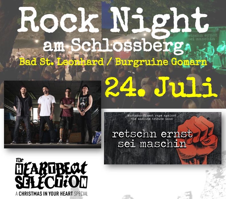 Ein Plakat für eine Rocknacht-Veranstaltung am Schlossberg am 24. Juli mit einer Band auf der Bühne, einer Menge und einem roten Faustsymbol.