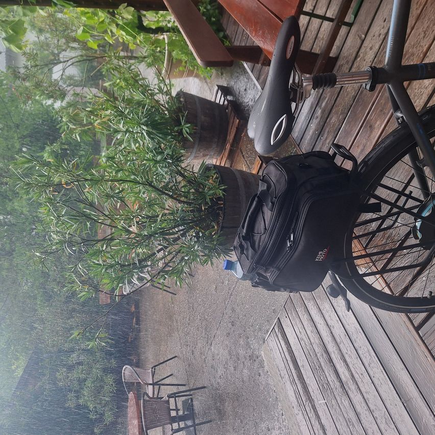 Ein Fahrrad steht auf einer Holzterrasse geparkt, mit schwarzem Sattel und Lenker. Ein schwarzer Rucksack ist hinten befestigt, daneben eine Wasserflasche.