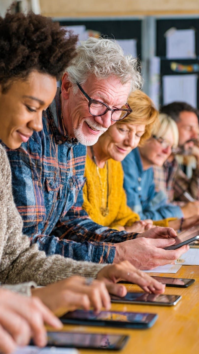 Eine Gruppe Erwachsener, darunter ein älterer Mann mit Brille, sind um einen Tisch versammelt, lächeln und schauen auf ein Tablet.
