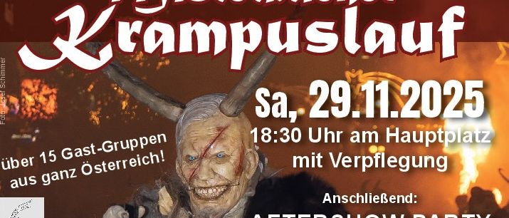 Plakat für den Mistelbacher Krampuslauf am 29. November 2025. Zeigt einen Krampus-Charakter mit Hörnern, rotem Gesicht und Feuer im Hintergrund. Über 15 Gastgruppen aus ganz Österreich sind vertreten. Beginn um 18:30 Uhr auf dem Hauptplatz mit Verpflegung. Nach der Show gibt es eine Party im Stadtsaal Mistelbach.
