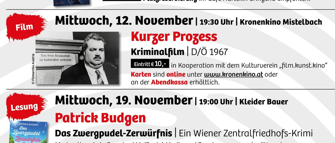 November 2025 Veranstaltungskalender: Edith Kneifl Lesung am 4. November, Kurzer Prozess Filmvorführung am 12. November, Patrick Budgen Lesung am 19. November und Judith Leopold und Kerstin Opiela Lesung am 28. November. Alle Veranstaltungen sind kostenlos.