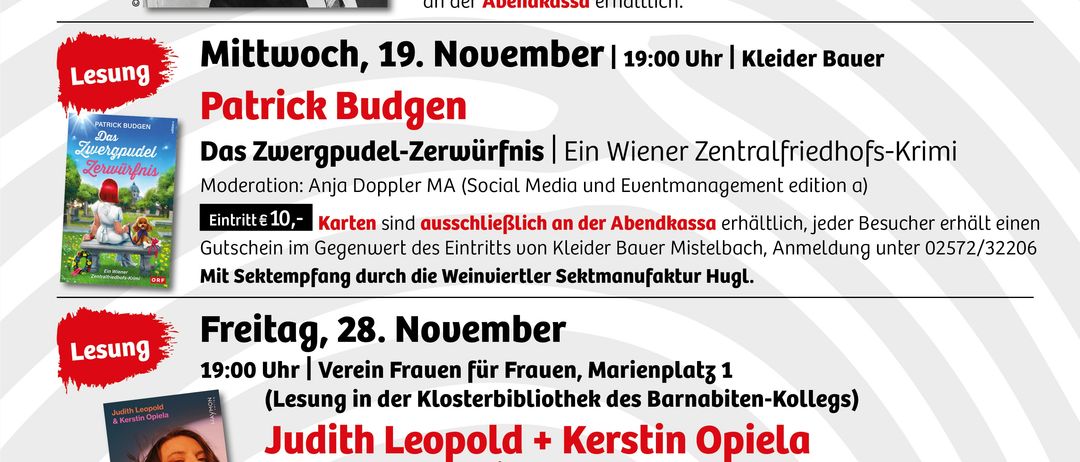 Plakat mit November 2025 Veranstaltungen: Edith Kneifl liest am 4. Nov, Kurzer Prozess Film am 12. Nov, Patrick Budgen liest am 19. Nov und Judith Leopold+Kerstin Opiela lesen am 28. Nov.