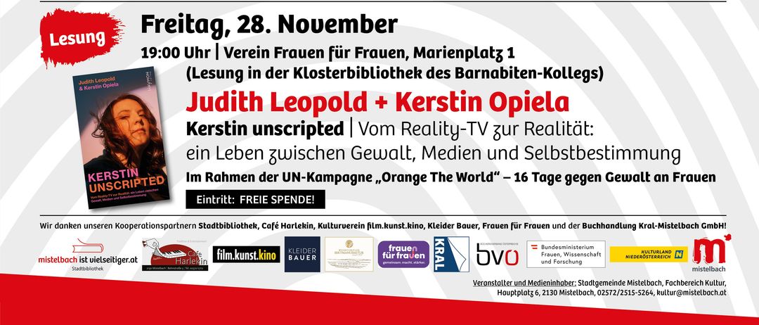 November 2025 Veranstaltungsflyer. Es enthält Lesungen und Filmvorführungen an verschiedenen Terminen. Die erste Lesung ist von Edith Kneifl am 4. November. Die Filmvorführung am 12. November ist von Kurzer Prozeß.