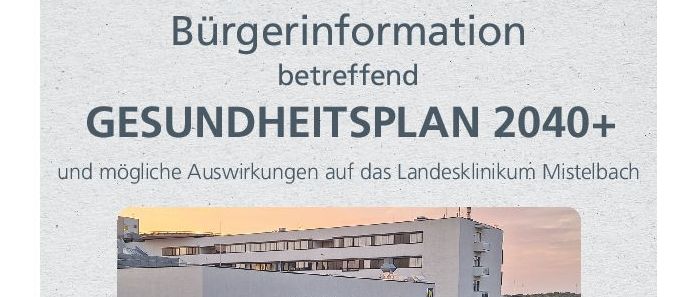 Plakat für eine Bürgerinformationsveranstaltung zum Gesundheitsplan für 2040+ und dessen Auswirkungen auf das Landesklinikum Mistelbach. Datum: 23. Februar 2026, 19:00 Uhr. Ort: Stadtsaal Mistelbach. Alle interessierten Bürgerinnen und Bürger sind herzlich eingeladen.