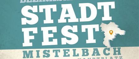 Plakat für das Stadt Fest in Mistelbach mit einer Stadtsilhouette und einer Karte, mit den Daten 27.-30.8.2026 und freiem Eintritt.