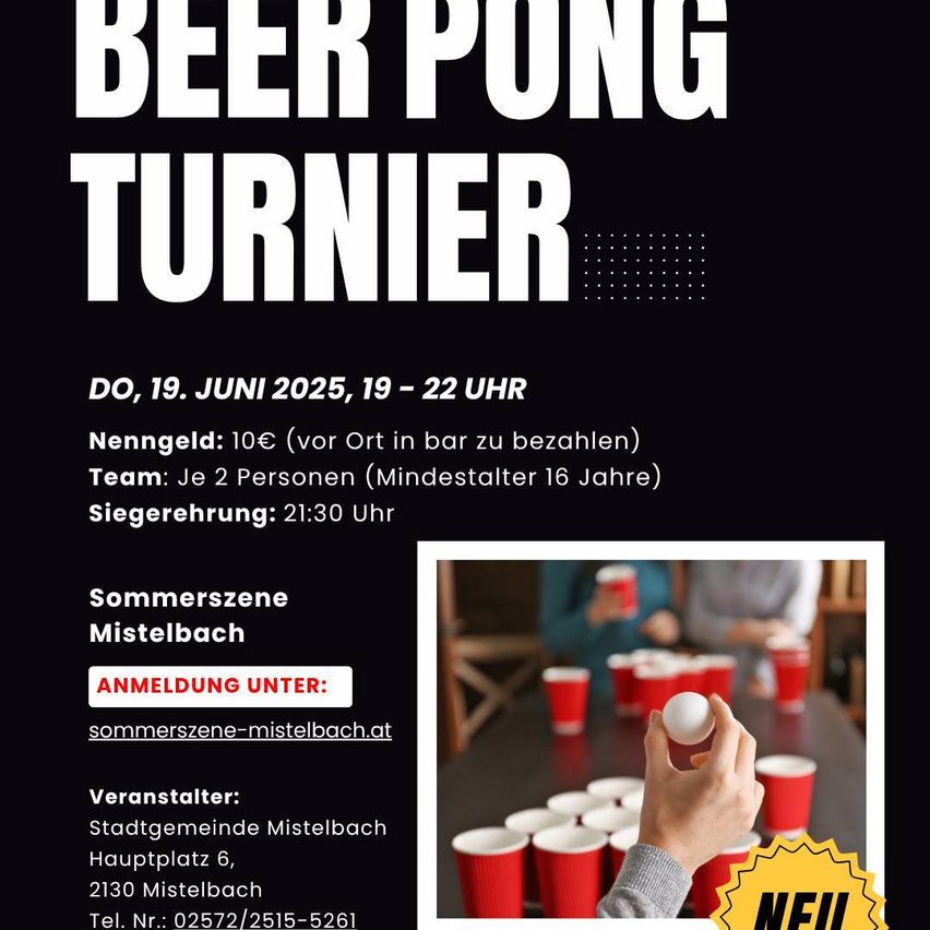 Eine Anzeige für ein Beer Pong Turnier am 19. Juni 2025, von 19-22 Uhr. Teams bestehen aus zwei Personen, jeder muss mindestens 16 Jahre alt sein. Die Teilnahmegebühr beträgt 10€. Ein Registrierungslink wird bereitgestellt.