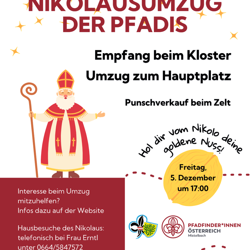Ein Werbeplakat für den Umzug von Nikolaus der Pfadis zeigt eine Illustration einer Santa-Claus-Figur. Die Veranstaltung umfasst einen Empfang im Kloster, Umzug zum Hauptplatz und Verkauf von Punsch am Zelt.
