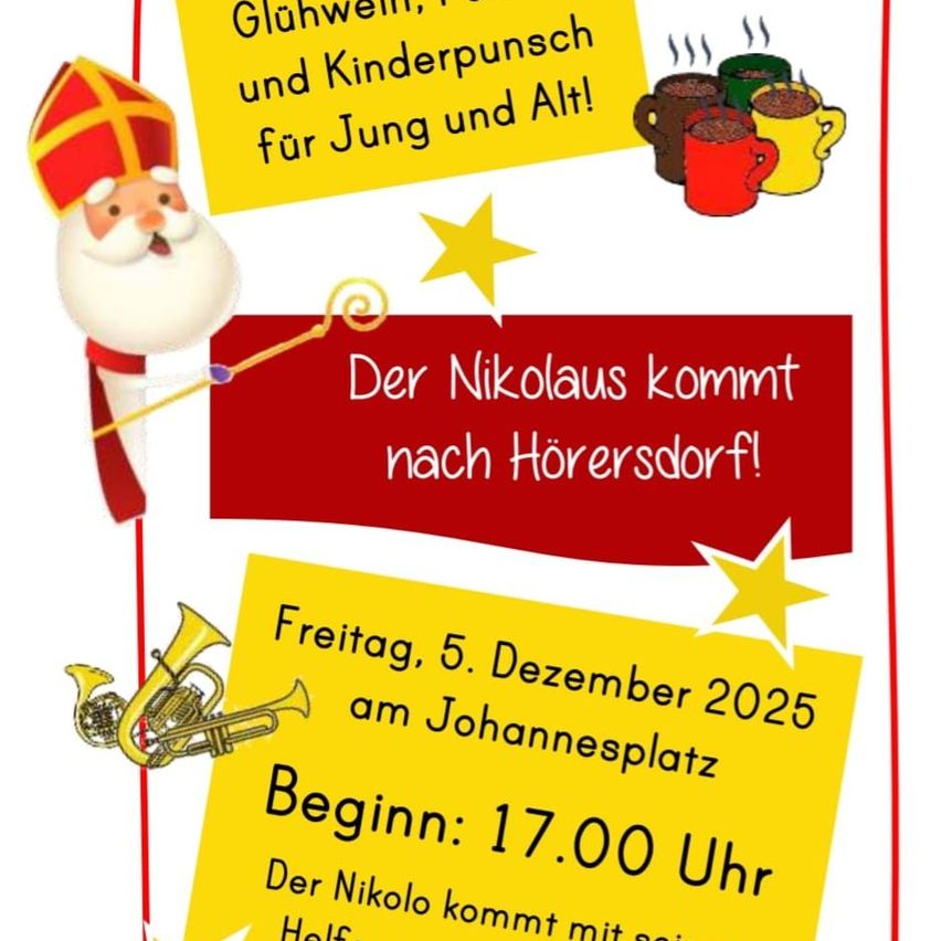 Eine Einladung zur Nikolaus-Veranstaltung in Hörersdorf am 5. Dezember 2025, Beginn um 17:00 Uhr. Mit warmen Getränken und einer festlichen Nikolaus-Illustration.