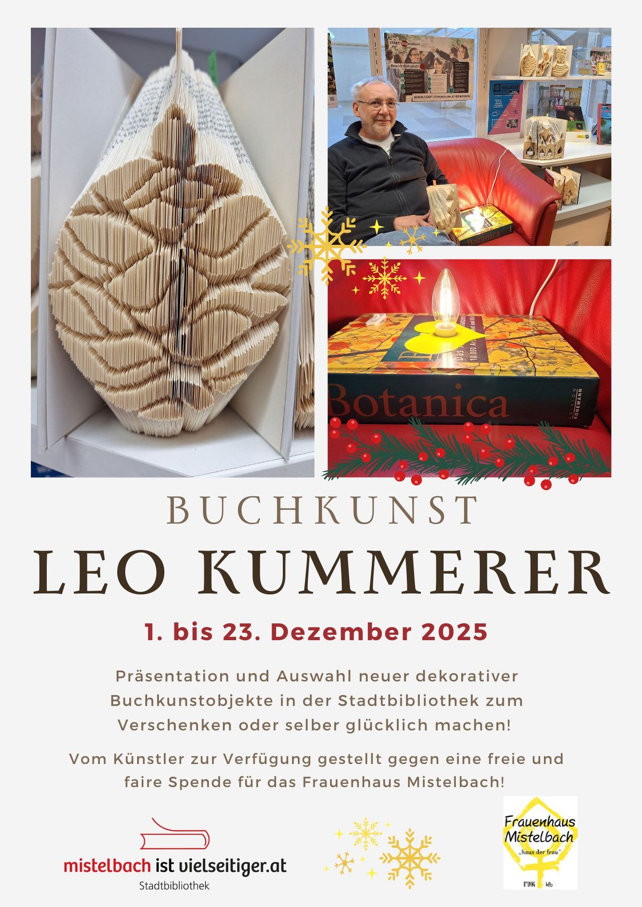 Ein Bild einer dekorativen Buchkunst von Leo Kummerer, ausgestellt in einer Bibliothek. Ein Mann liest ein Buch auf einem roten Stuhl. Die Buchkunst hat die Form eines Gehirns. Die Veranstaltung findet vom 1. bis 23. Dezember 2025 statt.