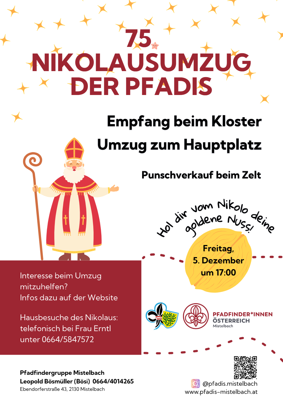 Plakat für den Umzug von Nikolaus vom Kloster zum Hauptplatz. Veranstaltung mit Empfang, Punschverkauf und Hausbesuchen von Nikolaus. Geplant für den 5. Dezember um 17 Uhr. Kontaktieren Sie Frau Ernstl unter 0664/5847572 für weitere Informationen.
