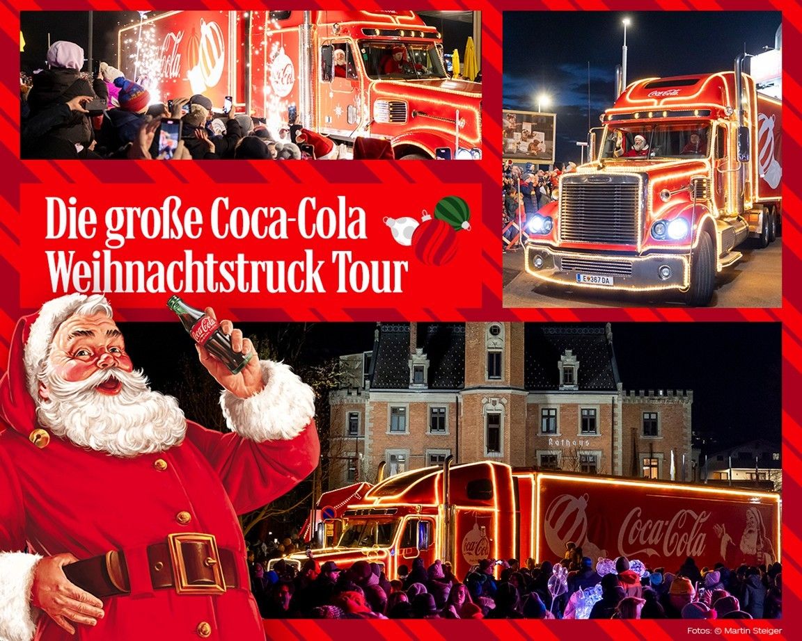 Eine festliche Coca-Cola-Truck-Tour mit dem Weihnachtsmann, der eine Coca-Cola-Flasche hält. Die Leute jubeln und machen Fotos. Der Truck ist mit Weihnachtslichtern und Ornamenten geschmückt.