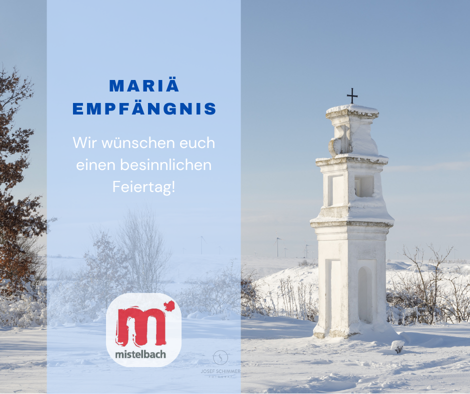 An image showing a snowy landscape with a tower in the background. The tower has a cross on top and is partially covered in snow. Text on the left reads 'MARIÄ EMPFANGNISS' and 'Wir wünschen euch einen besinnlichen Feiertag!'. A logo with a red 'm' is on the bottom left.