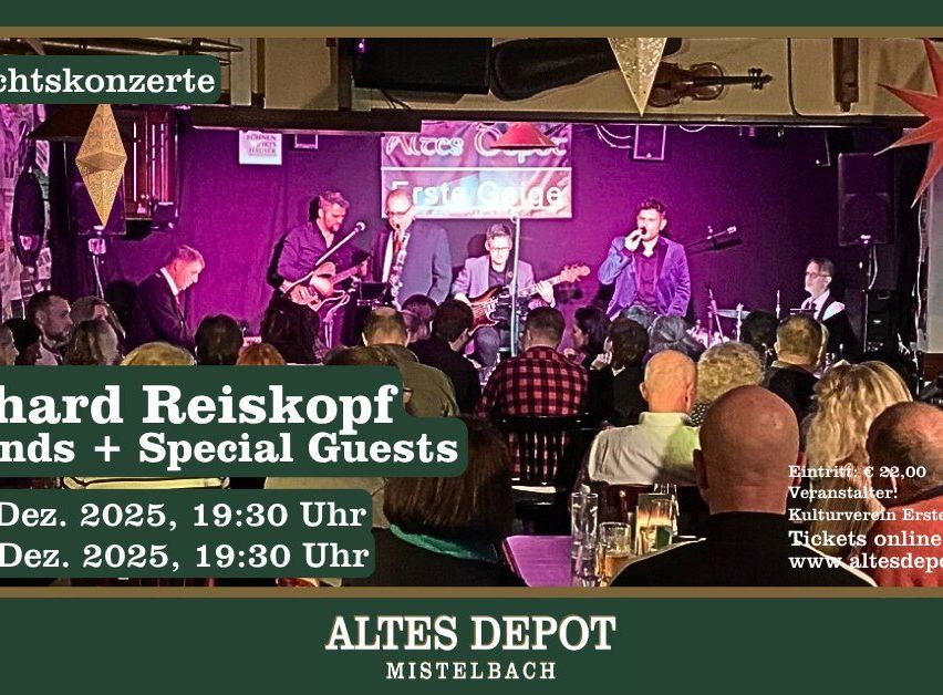 A band performs on a stage at Altes Depot. The text reads 'Ward Reiskopf + Special Guests.' The date and time of the event are March 2, 2025, at 7:30 PM.