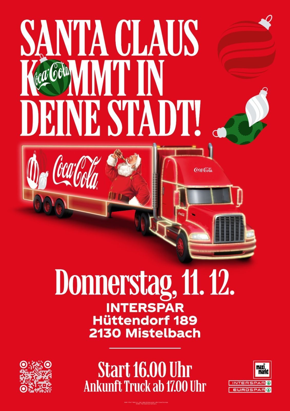 An advertisement for Coca-Cola featuring Santa Claus on a Christmas-themed truck. The event is on Thursday, December 11th at INTERSPAR Huttendorf. Address: Huttendorf 189, 2130 Mistelbach.