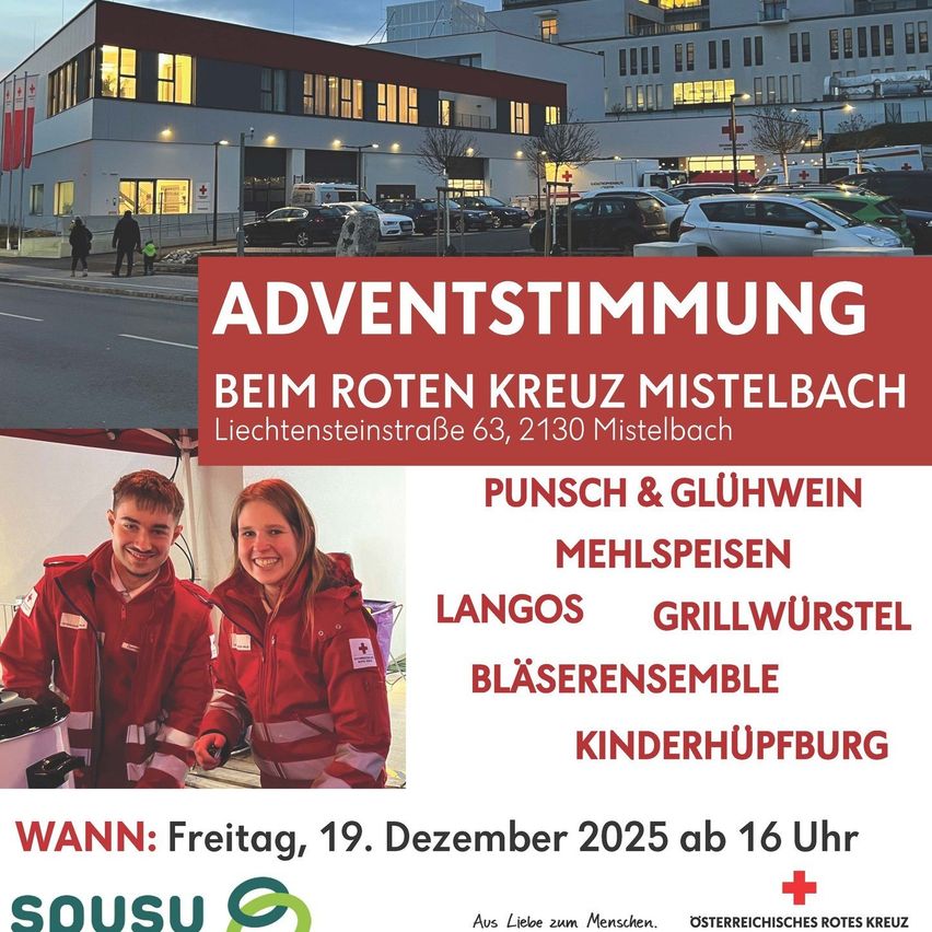 Ein Plakat für eine Adventsversammlung beim Roten Kreuz in Mistelbach. Es zeigt zwei lächelnde Freiwillige, einen Veranstaltungsplan und Aktivitäten wie Glühwein, Essen und eine Kinderecke.