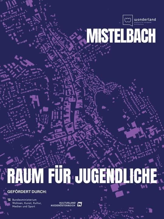 Plakat für Mistelbach mit einer blauen Karte und dem Text 'Raum für Jugendliche' und Logos des Bundesministeriums für Wohnen, Kunst, Kultur, Medien und Sport sowie Kulturland Niederosterreich.