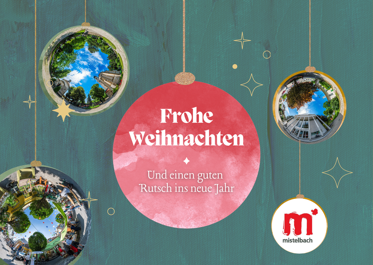 Eine Weihnachtskarte mit einer Stadtlandschaft in einem kreisförmigen Rahmen, auf dem 'Frohe Weihnachten' in weiß steht. Die Karte ist mit Sternen und Ornamenten verziert.