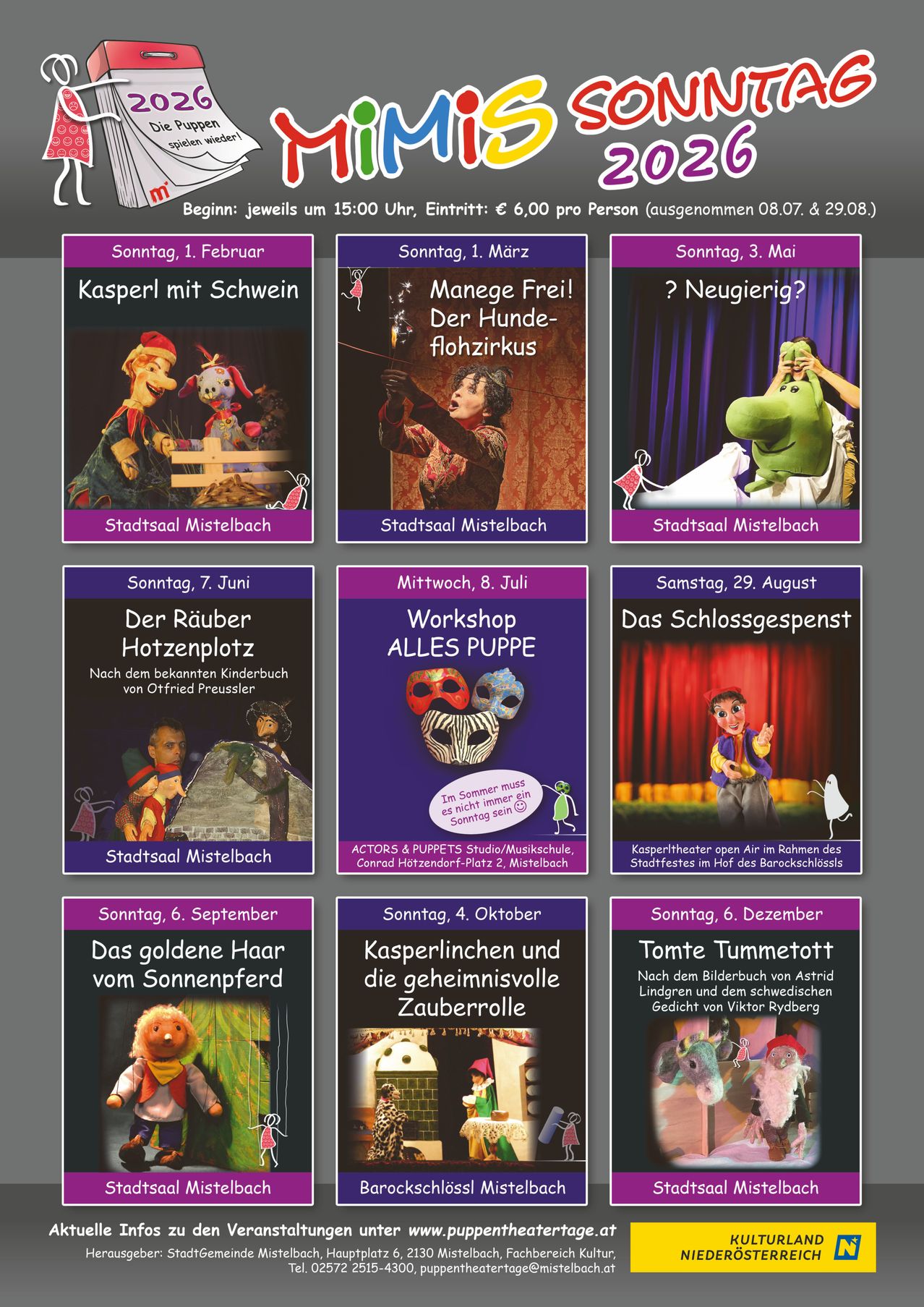 A poster advertises puppet shows in Mistelbach, Austria. Shows include 'Kasperl mit Schwein', 'Manege Frei!', and others. Dates and times are listed.