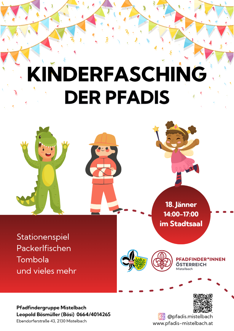 An event poster for Kinderfasching der Pfadis features three children in colorful costumes, one as a dinosaur, another as a construction worker, and the third as a fairy. The poster states the event date as January 18th, with the time from 2:00 PM to 5:00 PM at Stadtsaal. It also mentions activities like station games, packing fish, tombola, and more. Logos of various organizations are displayed.
