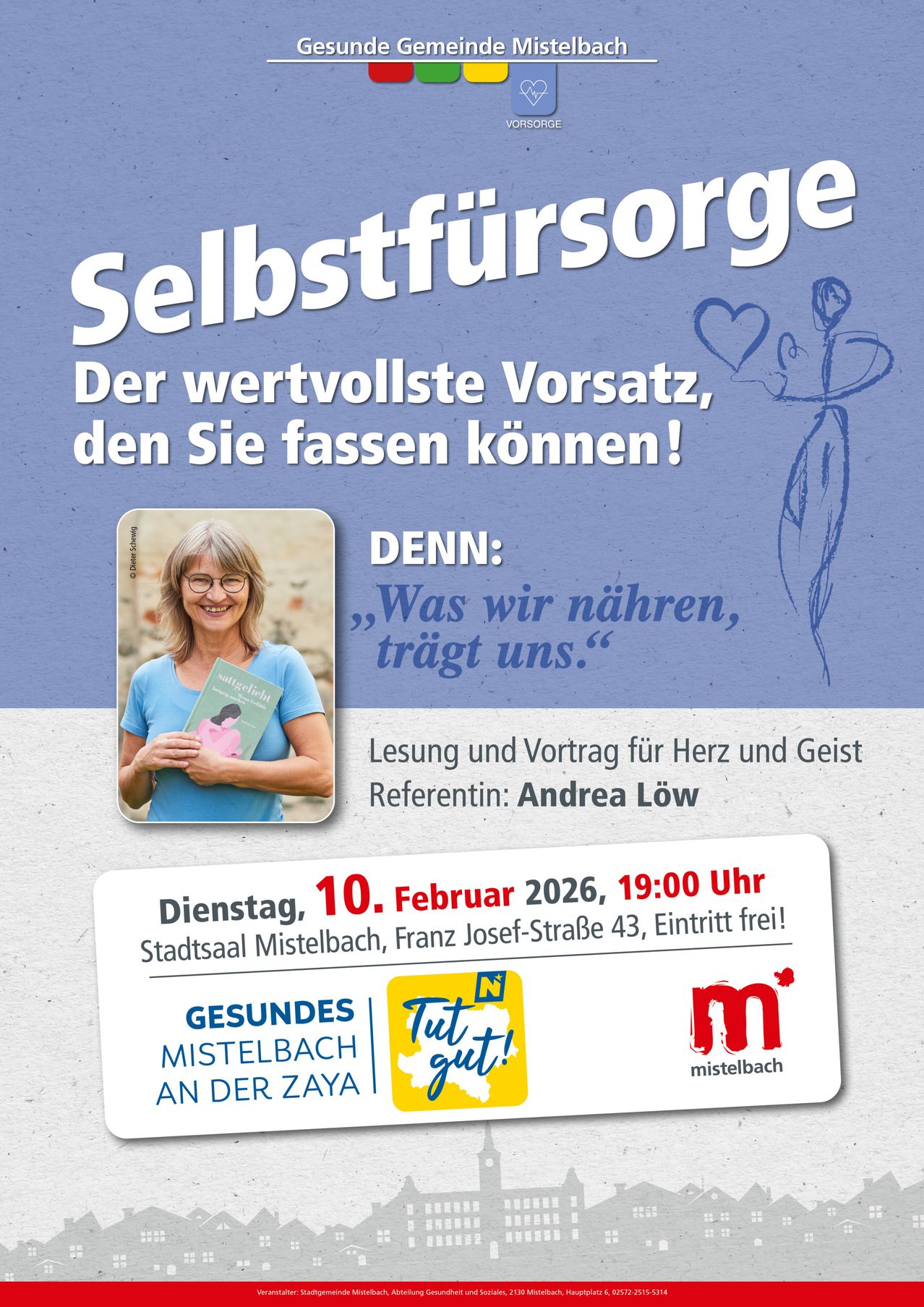 Werbeplakat für eine Lesung. Eine Frau hält ein Buch mit dem Titel 'Selbstfürsorge'. Veranstaltungsdetails umfassen Datum, Uhrzeit und Ort. Die Veranstaltung ist kostenlos.