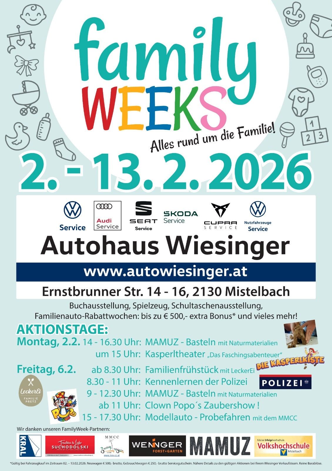 Plakat für die Familienwochen 2026 mit Datum, Logos, Aktivitäten und Kontaktdaten. Veranstaltungen umfassen einen Bastelworkshop und eine Polizeibegegnung. Veranstaltet von Autohaus Wiesinger.