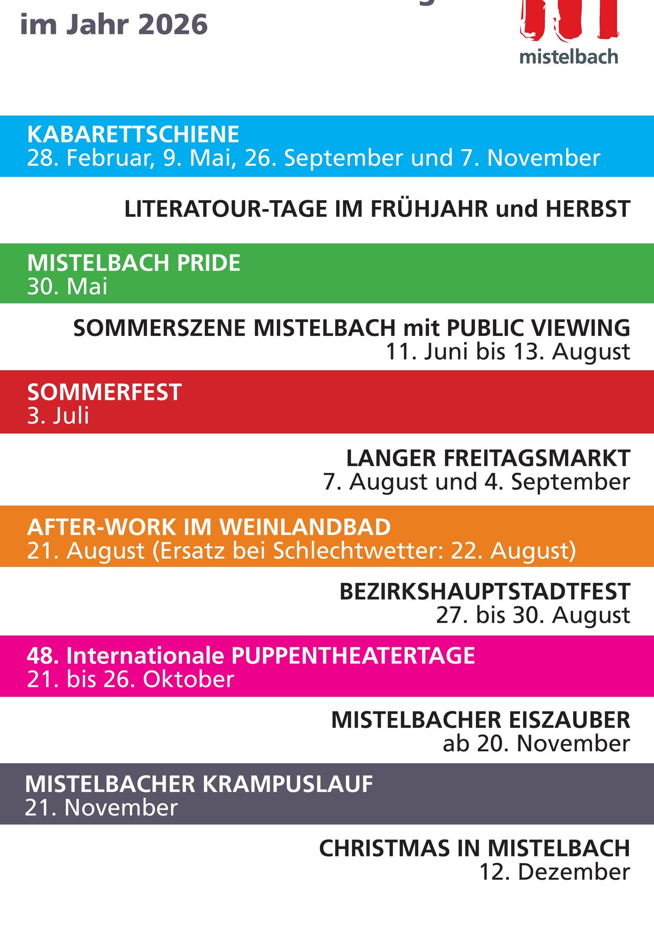 Ein Zeitplan für Veranstaltungen in Mistelbach, Österreich. Termine umfassen Kabarett, Literaturtage, Pride, Sommerszene, Sommerfest, Freitagsmarkt, After-Work, Bezirksfest, Internationale Puppentheatertage, Eisklettern und Krampuslauf.