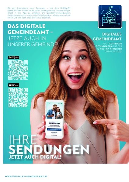 Ein Werbeplakat für ein digitales Gemeindeamt, das eine Frau mit einem Smartphone zeigt, die lächelt. Es wirbt für die Möglichkeit, Gemeindebenachrichtigungen über eine Smartphone-App zu erhalten und zu verwalten. Das Plakat enthält QR-Codes für App-Stores.