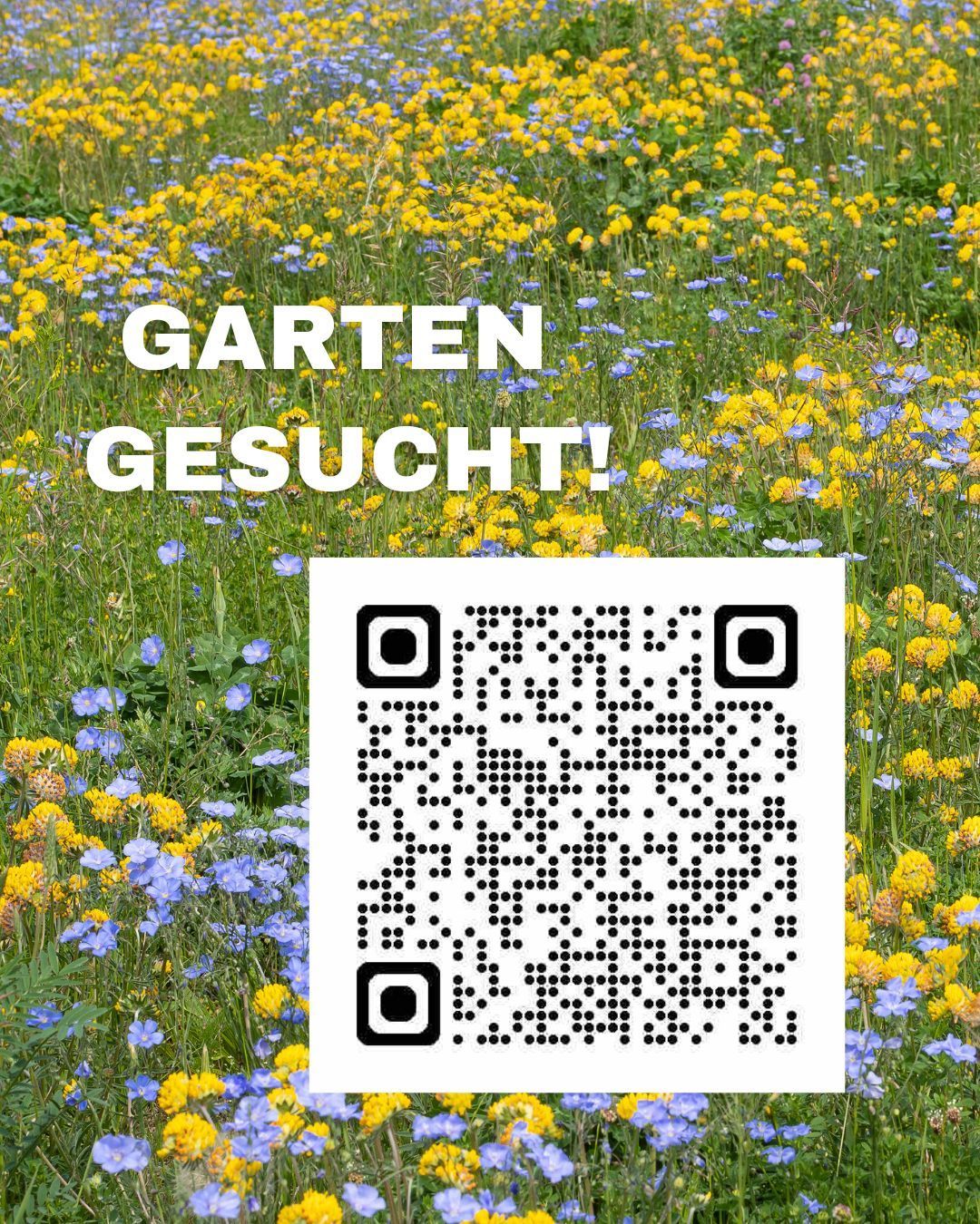 Ein Blumenfeld mit einem angezeigten QR-Code, der Text lautet 'GARTEN GESEUCHT!' in weiß.