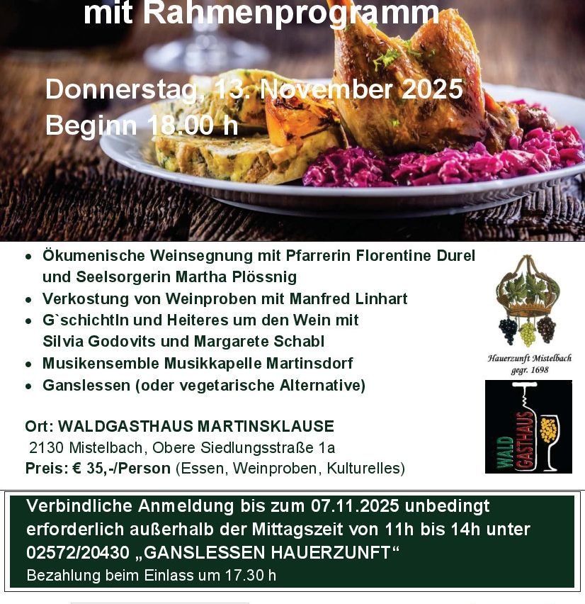 Event poster for Thursday, November 13, 2025, featuring a dish of roasted meat and vegetables. Includes details about an ecumenical wine tasting with Florentine Durel and Martha Plossnig, wine tasting with Manfred Linhart, and a music ensemble. The event is at Waldgasthaus Martinsklause, 2130 Mistelbach. Cost is 35 euros per person.
